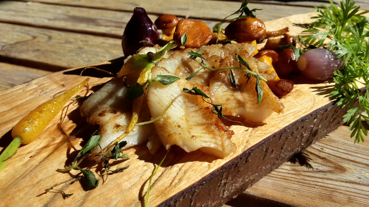 Simple Chanterelle Stew, Pan-Seared Baby Vegetables, Pan-Fried Perch